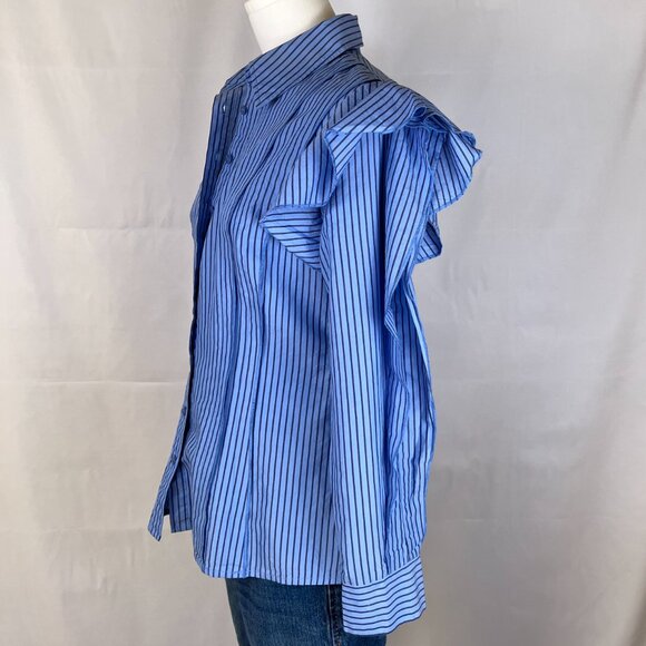Koche Collective Pinstripe Ruffle Button Down Shirt - Picture 2 of 9